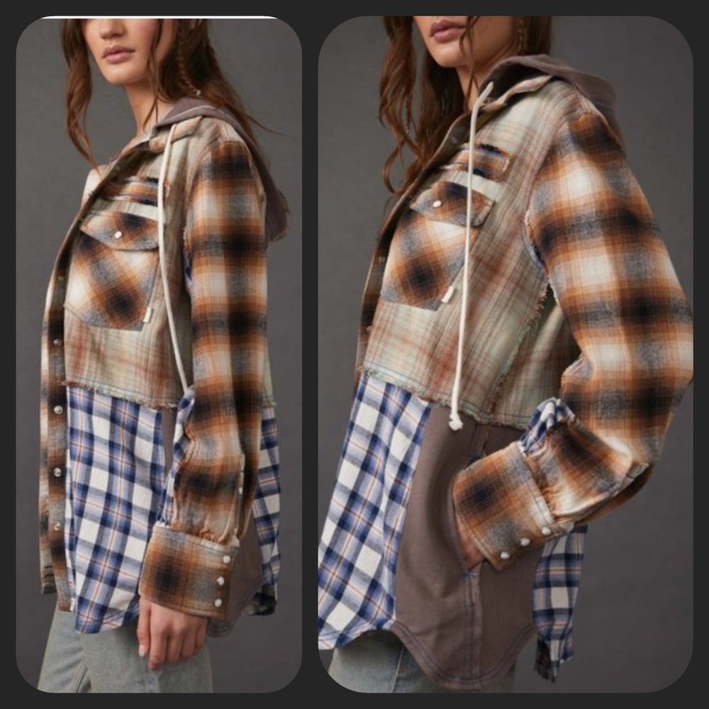 We The Free People BLUE RIDGE Mixed Plaid + Media Hoodie Hooded Jacket Shacket